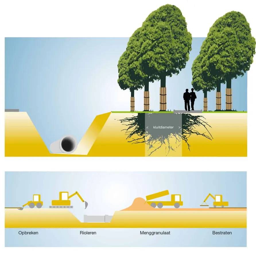 Illustratie uit het uitvoeringsplan met bomen en kabels in doorsnede