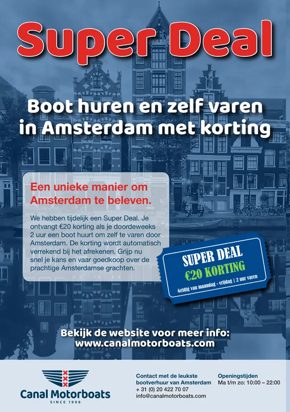 Voorkant flyer Canal Motorboats, Super Deal boot huren