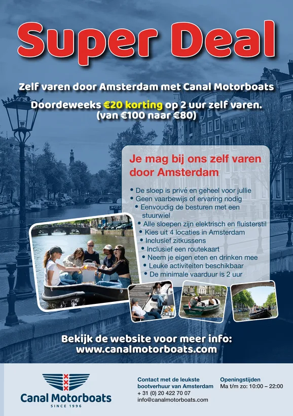 Achterkant flyer Canal Motorboats met korting doordeweeks
