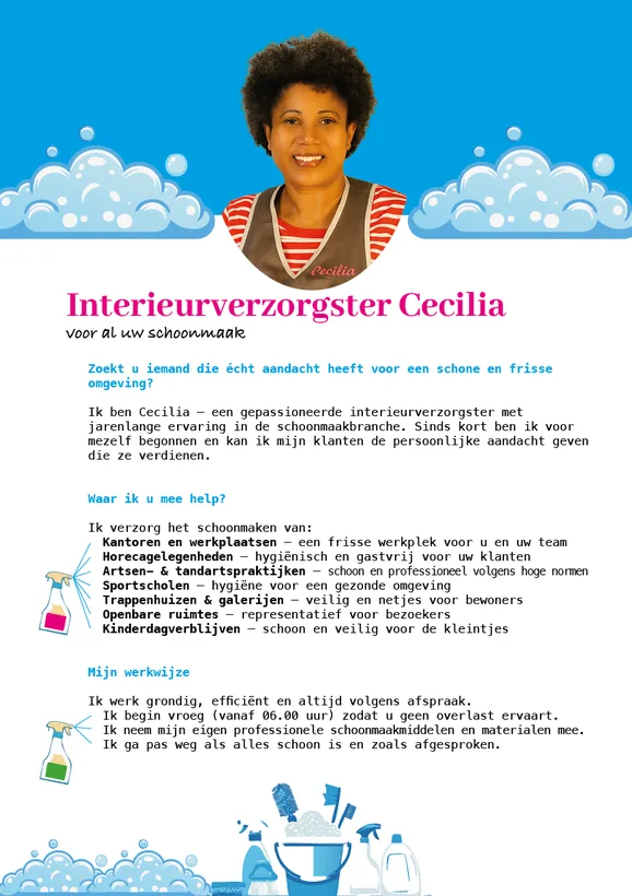 Voorkant flyer Interieurverzorgster Cecilia, voor al uw schoonmaak