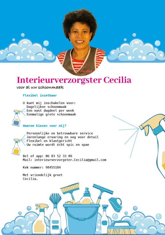 Achterkant flyer Interieurverzorgster Cecilia met contactgegevens