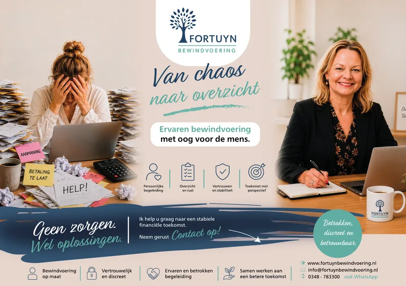 Voorkant flyer Fortuyn Bewindvoering, van chaos naar overzicht