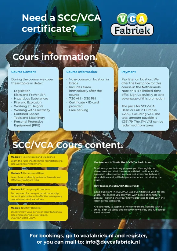 Achterkant flyer VCA Fabriek met cursusinformatie