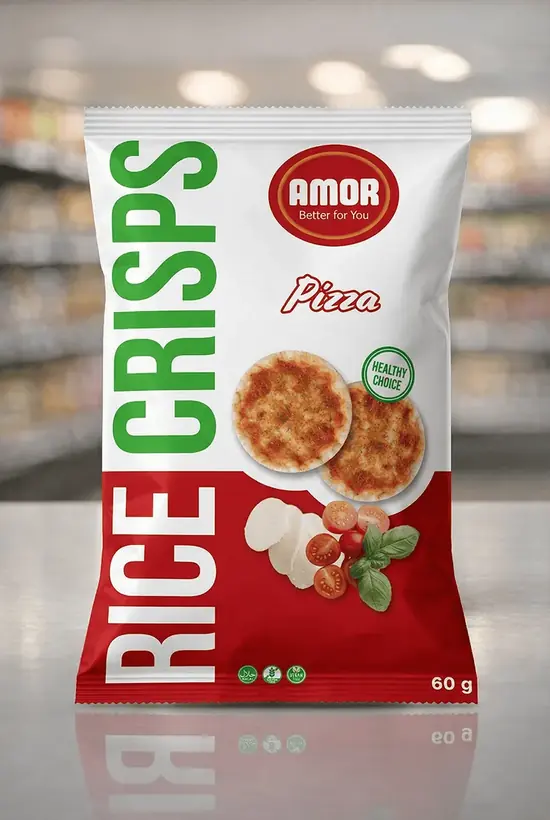 Zak Amor rice crisps, pizza