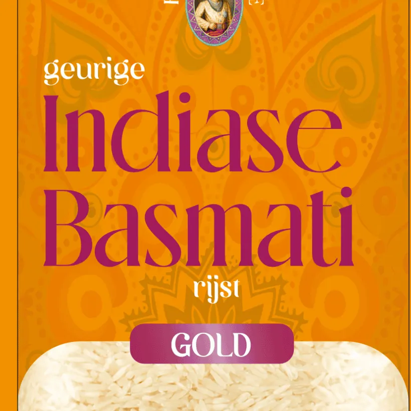 Voorkant verpakking Indiase Basmati rijst Gold