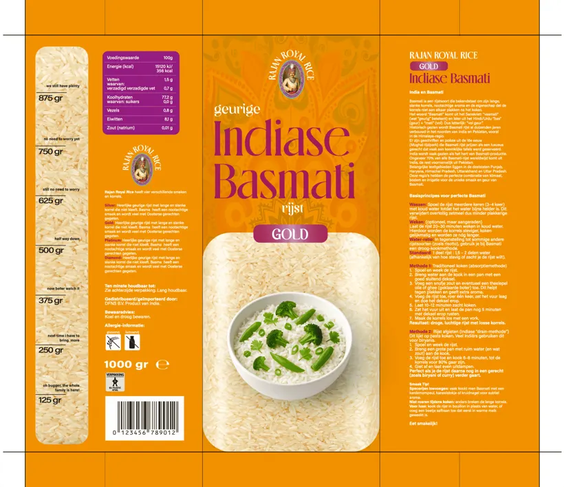 Volledige uitslag van de basmati verpakking Gold