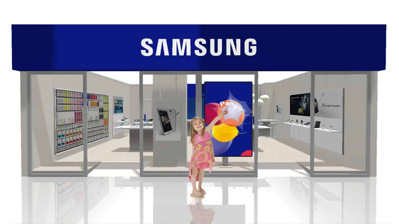 Samsung interactive scherm met ballonen die je kunt laten ploffen.
